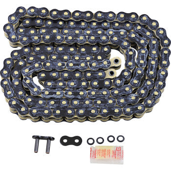 The 530 Max Z Drive Chain 150 Links Black & Gold by RK comes with a connecting link, two rubber O-rings, a clip, and lubricant—perfect for high-horsepower street bikes needing top performance and tensile strength.