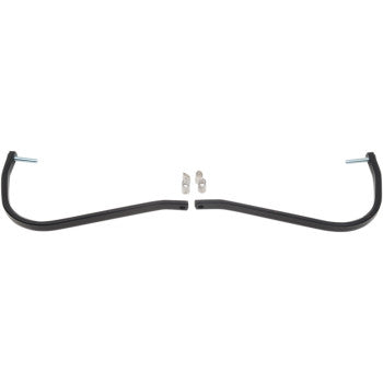 The Replacement Hand Guard Bar and Taperlock Set Aluminum Black by Moose Offroad features two black L-shaped metal bars with screws and nuts for securely attaching aluminum handguards to handlebars. Displayed on a plain white background.