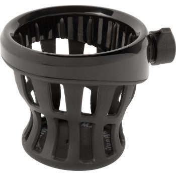 The Drink Holder Gen 2 Black by Ciro fits 1 1/8"–1 1/4" handlebars and features a black plastic design with open slats, a rounded rim, an adjustable clamp for secure attachment, and compatibility with the GEN 2 ball mount system.