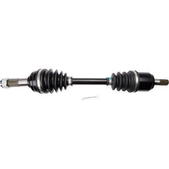 Black metal front left axle with rubber protective bellows and silver fastening components for Honda TRX 420 ATV.