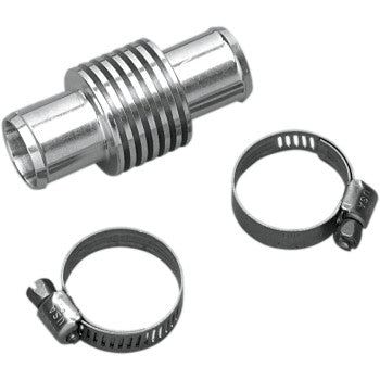 The In Line Super Cooler Kit 125cc by Pro Design includes a ribbed metal hose connector and two adjustable hose clamps, ideal for water-cooled systems to boost cooling efficiency.