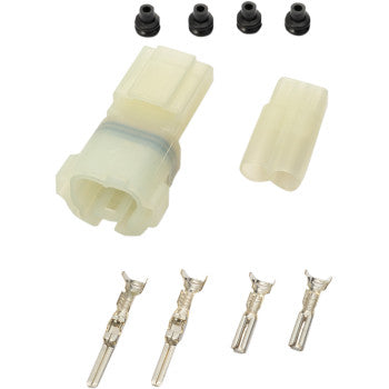 Two-pin translucent white plastic electrical connectors with four metal terminals and four black rubber seals.