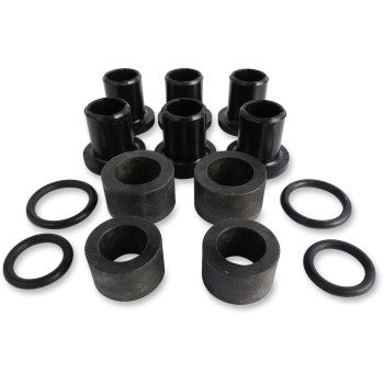 The Rear Swingarm Bushing Kit by Epi includes black flanged-end bushings and flat washers, arranged in rows on a white background, designed as OEM-quality replacement parts for various applications.