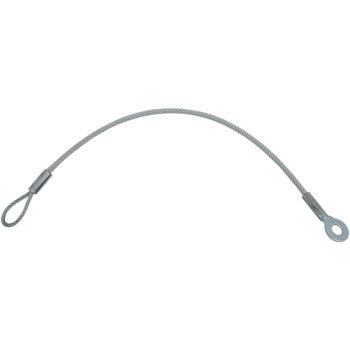 The Polaris Ranger General Tailgate Cable by Quad Logic is a short, flexible heavy-duty metal wire rope with a loop at one end and a flat circular eyelet at the other, designed for securing or tethering objects.