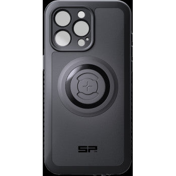 The Xtreme SPC+ Case for iPhone 15 Pro Max by Sp Connect is a black, MagSafe-compatible case featuring four camera cutouts, a central circular mounting ring, and the SP logo near the bottom.