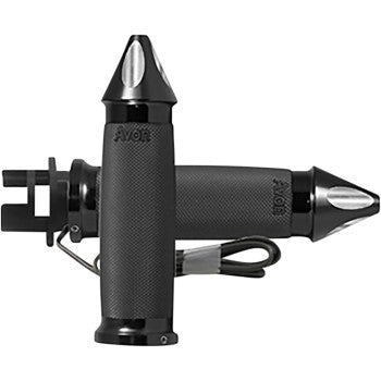 A pair of Indian Heated Grips - Custom Contour - Spike - Black by Avon Grips, featuring textured surfaces and silver pointed ends, are arranged crossed on a white background.