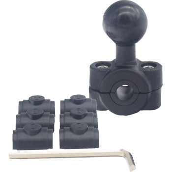 The Ball Mount Adapter Mount Handlebar Mount 3/8" 1/2" by Ridepower is a black all-metal kit with an articulating ball mount, six size clamp inserts, and a silver hex key tool, all shown on a white background.