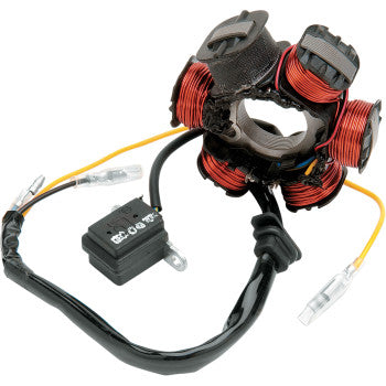 The Honda Stator by Rick's Motorsport Electric features copper wire windings, black electrical wires with connectors, an OEM-style plug end, and comes with a compact black control box.