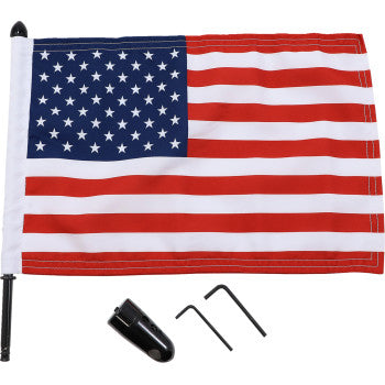 The Flag Mount - Pinnacle Luggage Rack by Pro Pad includes a 13 pole, 10 x 15 American flag, mount, bracket, and two hex keys, all arranged on a white background.