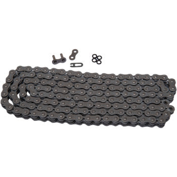The 520 SRX2 Drive Chain 150 Links by Ek is a coiled Quadra X-Ring chain with a quick-link and small connector parts, all on a white background—engineered for reduced friction and perfect as an OEM replacement.