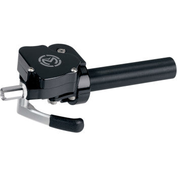 The Dual Gasser Throttle Black by Moose Offroad features a black billet aluminum quick-release clamp with lever and cylindrical shaft, topped with a logo for extra durability and style.