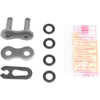 The 520 PX Series Master Link by Parts Unlimited includes metal link plates, O-rings, a connecting link, retaining clip, small tool, and a CHAIN GREASE packet labeled DO NOT EAT, KEEP AWAY FROM CHILDREN on a white background.