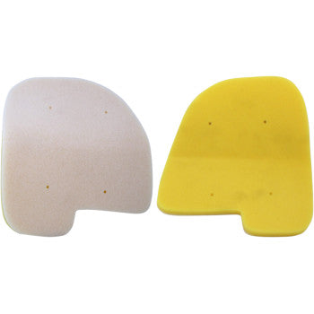 Two irregular Kawasaki Foam Air Filters by No Toil—one cream, one yellow, each with small holes—are shown side by side. Designed to provide maximum airflow for your air filtration system.