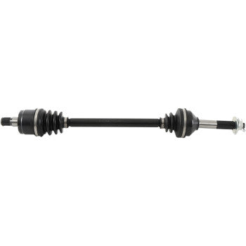Black metal axle shaft with rubber accordion-style boots on both ends and splined ends for off-road vehicle fitment.