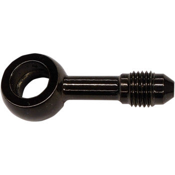 The Banjo Fitting 12 mm AN3 180° Black by Magnum Shielding is a black metal fitting with a circular, hollow eyelet and threaded shaft, designed for hydraulic or fuel line connections and compatible with AN-3 fittings.