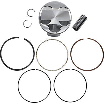 The Piston Kit by JE Pistons includes a forged aluminum piston, piston rings, wrist pin, and two clips, all displayed on a white background—ideal for professional competition use.
