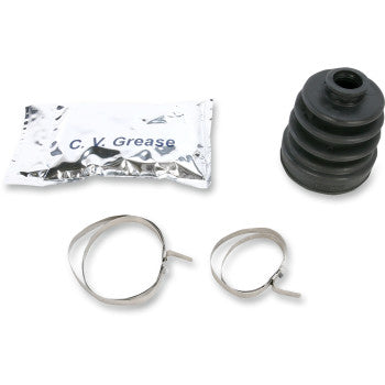 Black rubber CV boot, two metal clamps, and a small silver packet of CV grease on a white background.