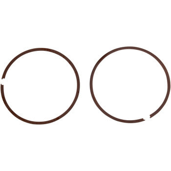 Two thin, circular metal rings with small gaps in each—this Ring Set by Wiseco is shown side by side on a plain white background.