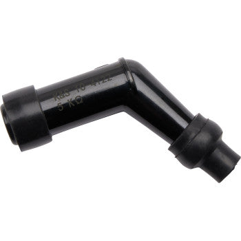 The Spark Plug Resistor Cover 120° Elbow Type Short by Moose Offroad is a black, L-shaped plastic cover for ignition coils or spark plugs, featuring ribbed ends, technical text on its side, and waterproof caps for durability.