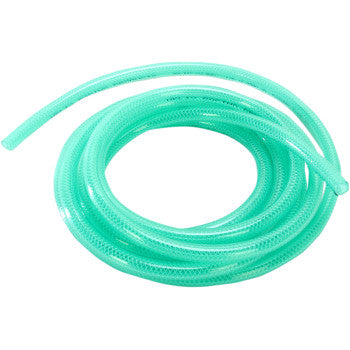 Coiled translucent green flexible fuel line hose with 1/4-inch diameter and ribbed texture.