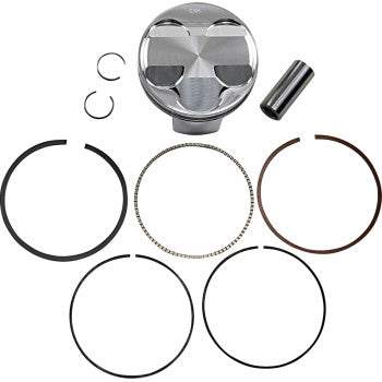The Piston Kit by JE Pistons includes a silver forged aluminum piston, wrist pin, two circlips, and five piston rings, all arranged neatly on a white background.