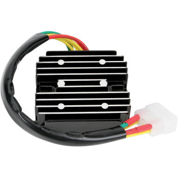 Black finned aluminum motorcycle regulator/rectifier with attached multicolored electrical wires and white plastic connector.