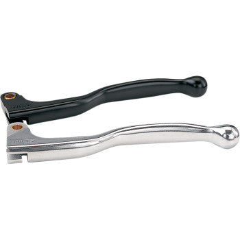 The Lever Right Hand Black by Moose Offroad, made of cast aluminum alloy with an ergonomic clutch design for comfort, is shown next to a silver lever on a white background.