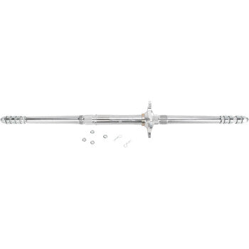 Polished metal racing axle shaft with central flange and multiple small hardware pieces scattered around.