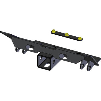 Black metal plow mount bracket with central hitch receiver and mounting holes on each side.