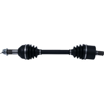 Black metal rear axle kit with rubber accordion boots on both ends and threaded connectors.