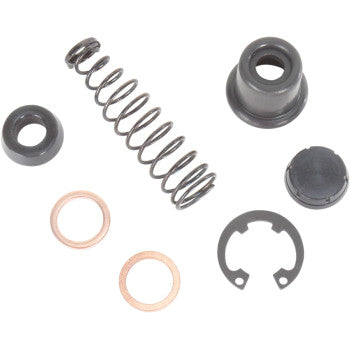 The Master Cylinder Rebuild Kit Front by Prox includes OEM parts such as a metal spring, two copper washers, a black snap ring, and four black cylindrical components, all displayed on a white background.