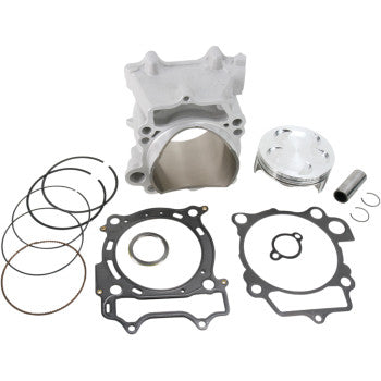 The Yamaha Cylinder Kit High Compression 95.00 mm by Cylinder Works includes a nickel silicon carbide-plated cylinder, Vertex piston, rings, gaskets, and small parts arranged neatly on a white background.