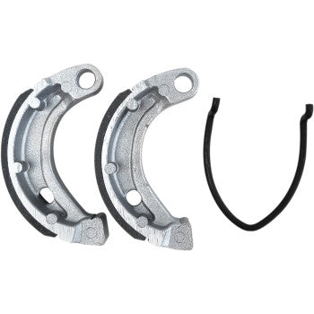 Two metallic, crescent-shaped ATV Brake Shoes by Epi with holes and grooves are shown beside a black, curved metal spring, designed for utility tires, set against a white background.