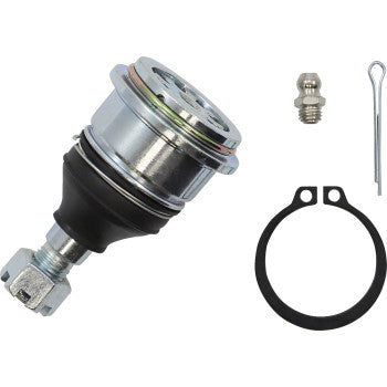The Ball Joint Upper Lower by Moose Offroad is a metal automotive ball joint kit with a nut, rubber boot, retaining ring, greased zerk fitting, and cotter pin, all shown organized on a white background.