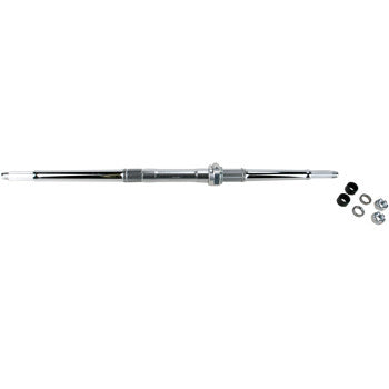 The Yamaha YFZ Axle Eliminator by Dura Blue, shown on a white background, features a chrome finish with threaded ends, zinc-plated spin-lock collars, and four rubber rings.