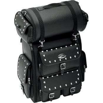 The Desperado Studded Sissybar Bag with Roll Bag by Saddlemen is made from UV-resistant leather-grain composite, features chrome studs, buckles, handles, a sissy bar mounting system, plus a cylindrical roll bag and rectangular main compartment.
