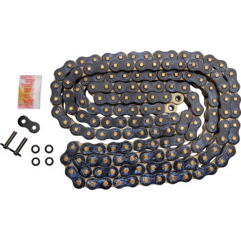 The 530 Max X Chain 150 Links B&G by Rk features a coiled metal O-ring chain with gold links, high tensile strength, includes a master link, connecting pins, O-rings, and a lubricant packet, displayed on a white background.