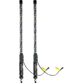 Two black and silver carbon fiber 4' Light Rod Whip Chase Quick Disconnect antennas by Whipitlightrods, with coiled cables and yellow connectors, are shown side by side—ideal for pairing with Bluetooth controlled LED whip lights.
