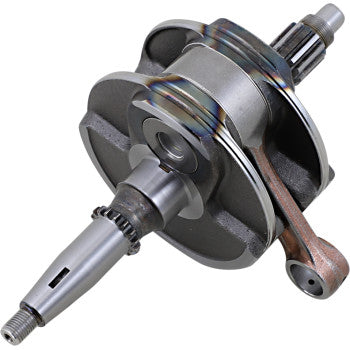 The Yamaha Crankshaft by Prox is a metal crankshaft with a forged connecting rod kit, machined surfaces, and heat-discolored sections, engineered for performance and durability in internal combustion engines.