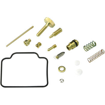 The Polaris Carburetor Repair Kit by Shindy includes float valves, main and pilot jets, screws, springs, washers, and a black gasket, all arranged on a white background.