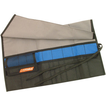 The Tool Pouch Roll Up by CruzTOOLS is a gray and black ballistic nylon motorcycle tool roll with blue pockets, a black tie, and a visible CruzTOOLS logo patch on the mesh pocket. It’s shown partially unrolled to reveal the interior compartments.