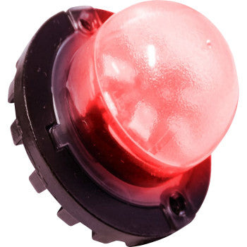 The LED Strobe Light Red by Kfi Products features a dome-shaped red translucent polycarbonate lens on a black circular base. This surface-mounted light is illuminated, emitting a vivid red glow.
