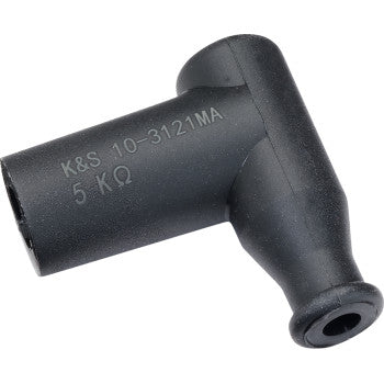 The Spark Plug Resistor Cover T Type by Moose Offroad is a black angled cap with K&S 10-3121MA 5 KΩ on its side, designed for ignition systems and featuring a cylindrical and shorter perpendicular section like NGK resistor covers.