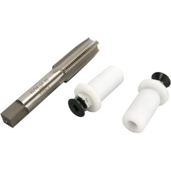 The Nylon Hand Guard Handlebar End Mount with Tap Guide Renthal by G2 Ergonomics Corp. includes a threading tap tool and two white cylindrical guides with black screws, perfect for mounting handguards on aluminum handlebars.