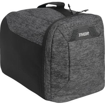 The Helmet Bag - Chrome/Heather by Thor is a grey and black soft-sided bag made from ballistic polyester with a front zipper, micro fleece-lined interior, top handle, and THOR logo on the front panel.