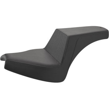 The Step-Up Seat - Gripper - Black by Saddlemen features a stepped design with a lower rider seat and raised passenger section, and fits Indian Chief models from 2022 to 2024.