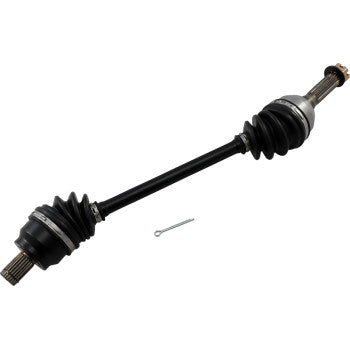 Black metal CV axle shaft with rubber accordion boots on both ends and silver joint housings, includes small metal pin.