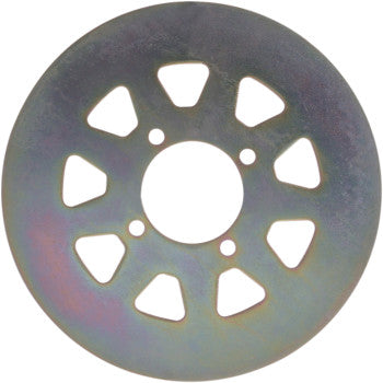A round steel disc with a large center hole, eight triangular edge cutouts, and four small circular holes near the center—this is the Yamaha ATV Brake Rotor by EBC.