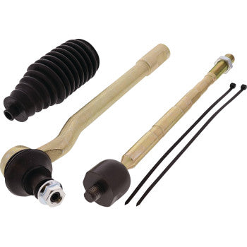 The Tie Rod End Kit Left & Right Hand by Moose Offroad includes heavy-duty steering parts—tie-rod ends, a rubber boot, metal rod, and two black zip ties—all displayed on a white background.