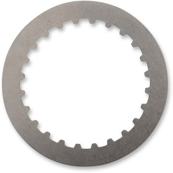 The Clutch Drive Plate by Barnett is a flat, circular metal plate with a smooth outer edge and evenly spaced rectangular notches around the inner edge. Made in the USA, it is shown against a white background.